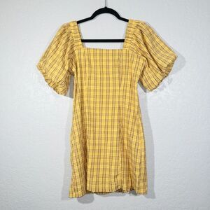 Lena Golden Yellow Plaid Balloon‎ Sleeve Mini Dress Size Small